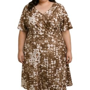 DANA KAY Size‎ 20W Brown Polka Dot Queen Anne Fit & Flare Pleated Office Dress
